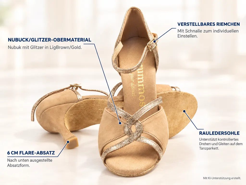 Rummos Damen Tanzschuhe R550 027-132 – Produktinfografik, mit KI-Unterstützung erstellt.