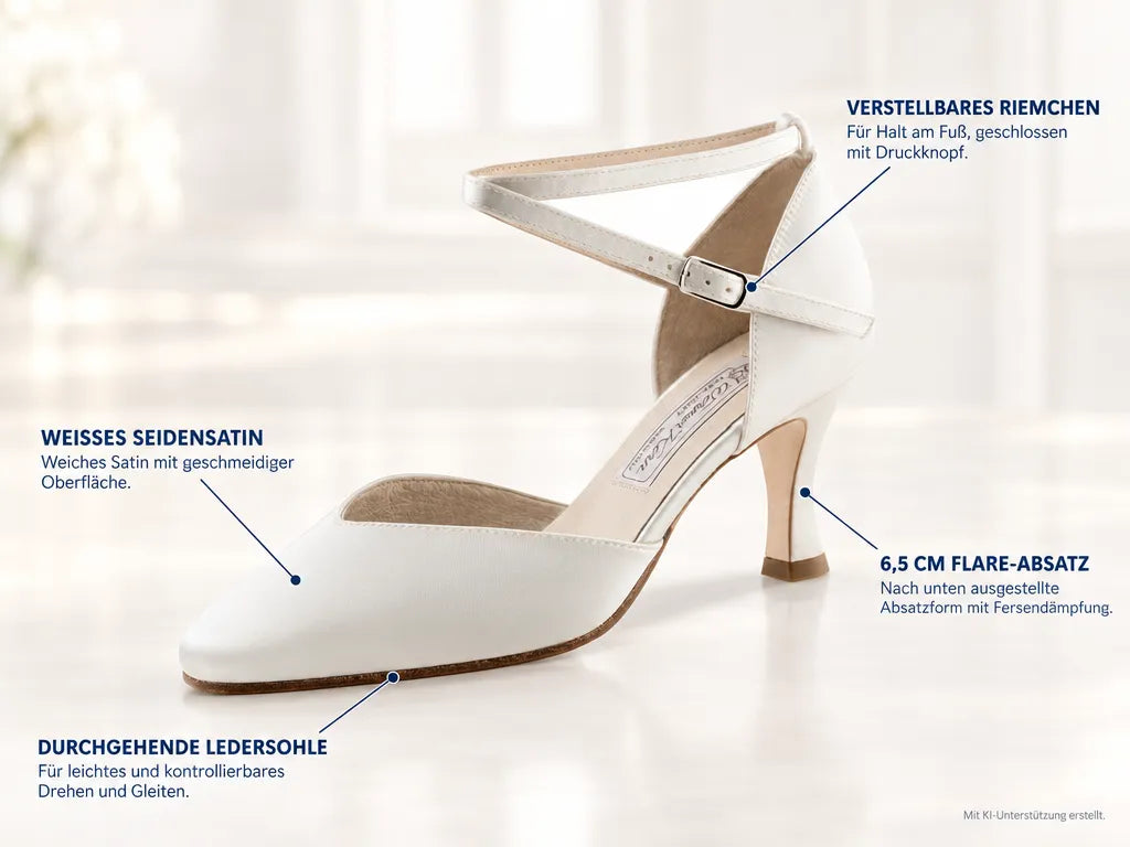 Werner Kern Brautschuhe Betty 6,5 LS – Produktinfografik, mit KI-Unterstützung erstellt.