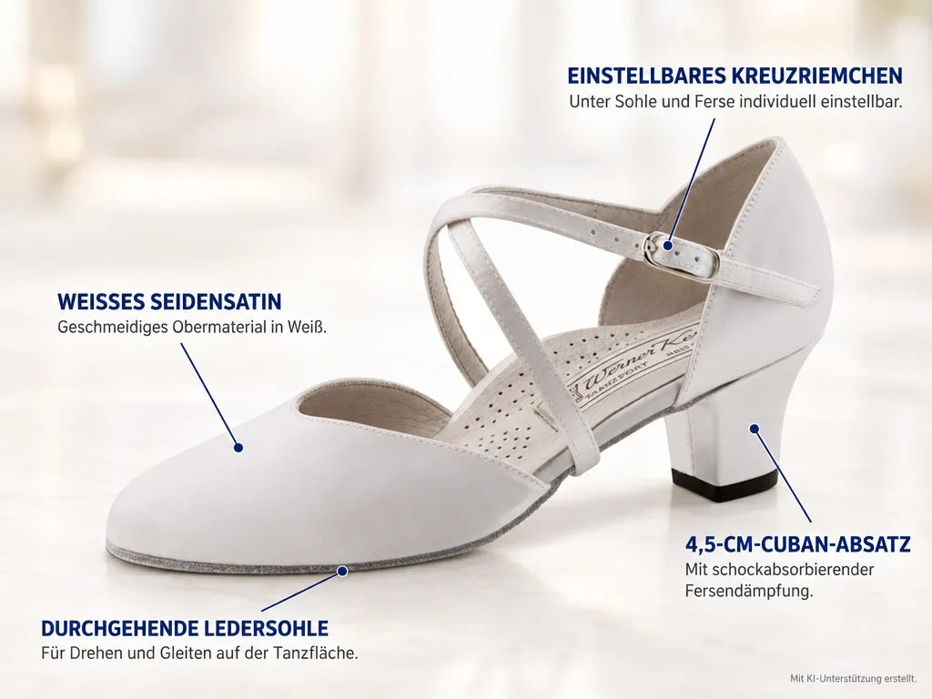 Werner Kern Brautschuhe Felice 4,5 LS – Produktinfografik, mit KI-Unterstützung erstellt.