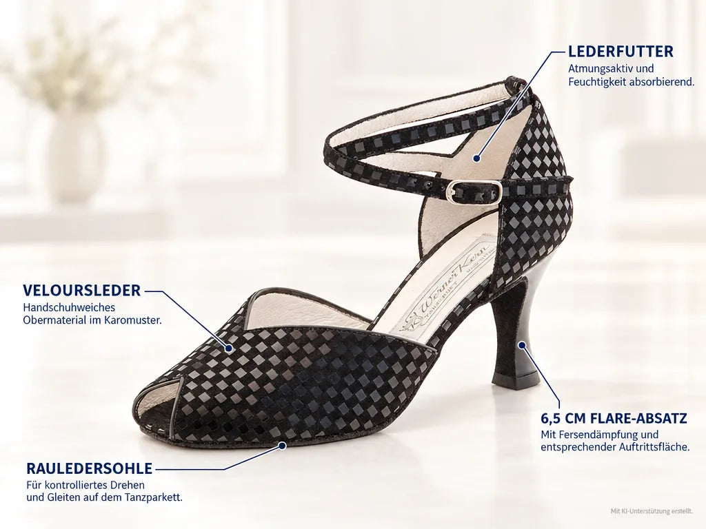 Werner Kern Damen Tanzschuhe Asta 6.5 – Produktinfografik, mit KI-Unterstützung erstellt.