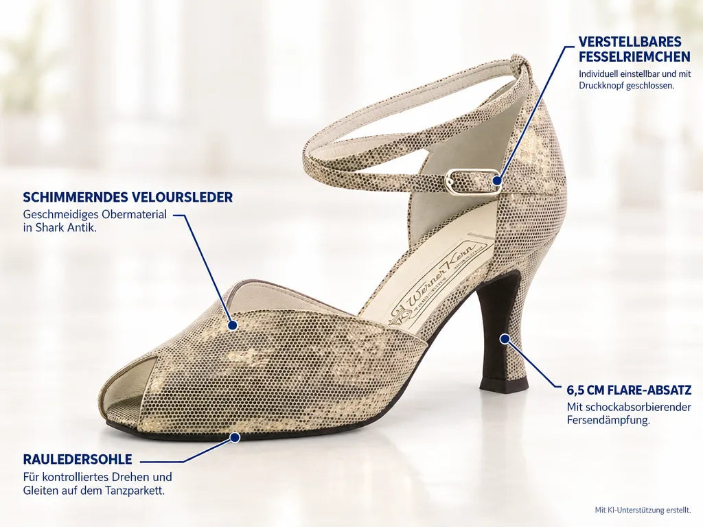 Werner Kern Damen Tanzschuhe Asta 6.5 – Produktinfografik, mit KI-Unterstützung erstellt.