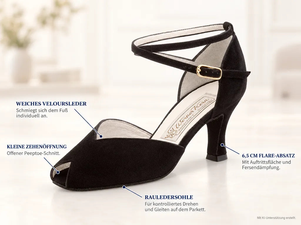 Werner Kern Damen Tanzschuhe Asta 6.5 Schwarz – Produktinfografik, mit KI-Unterstützung erstellt.