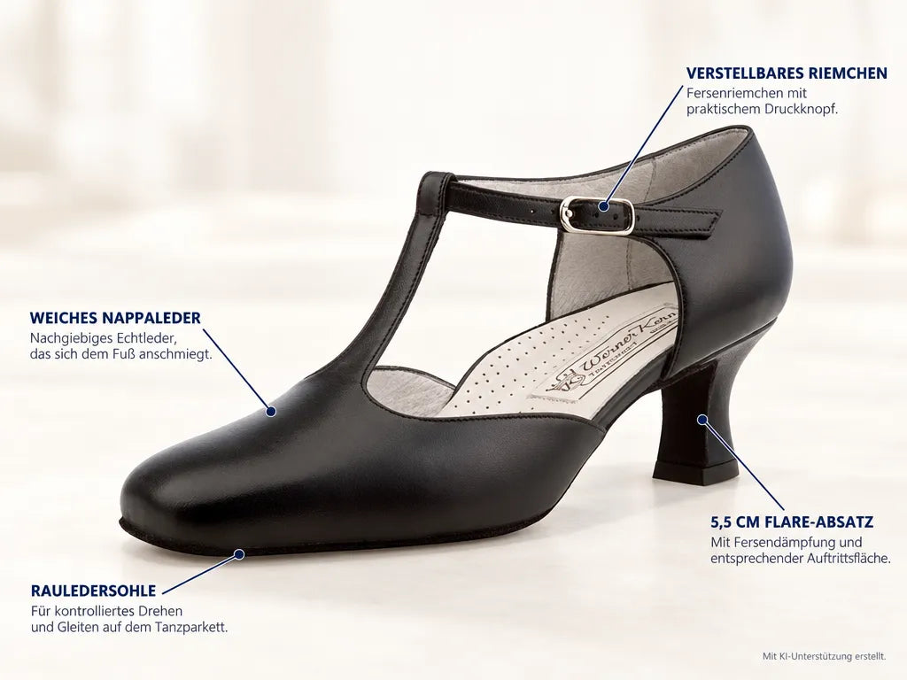 Werner Kern Damen Tanzschuhe Celine 5,5 – Produktinfografik, mit KI-Unterstützung erstellt.