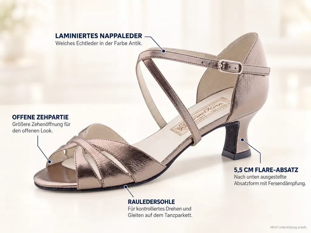 Werner Kern Damen Tanzschuhe Dafne – Produktinfografik, mit KI-Unterstützung erstellt.