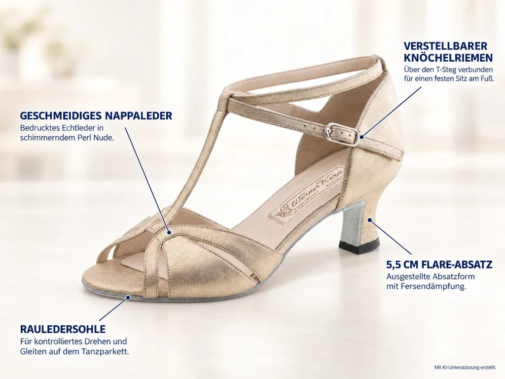 Werner Kern Damen Tanzschuhe Dora – Produktinfografik, mit KI-Unterstützung erstellt.