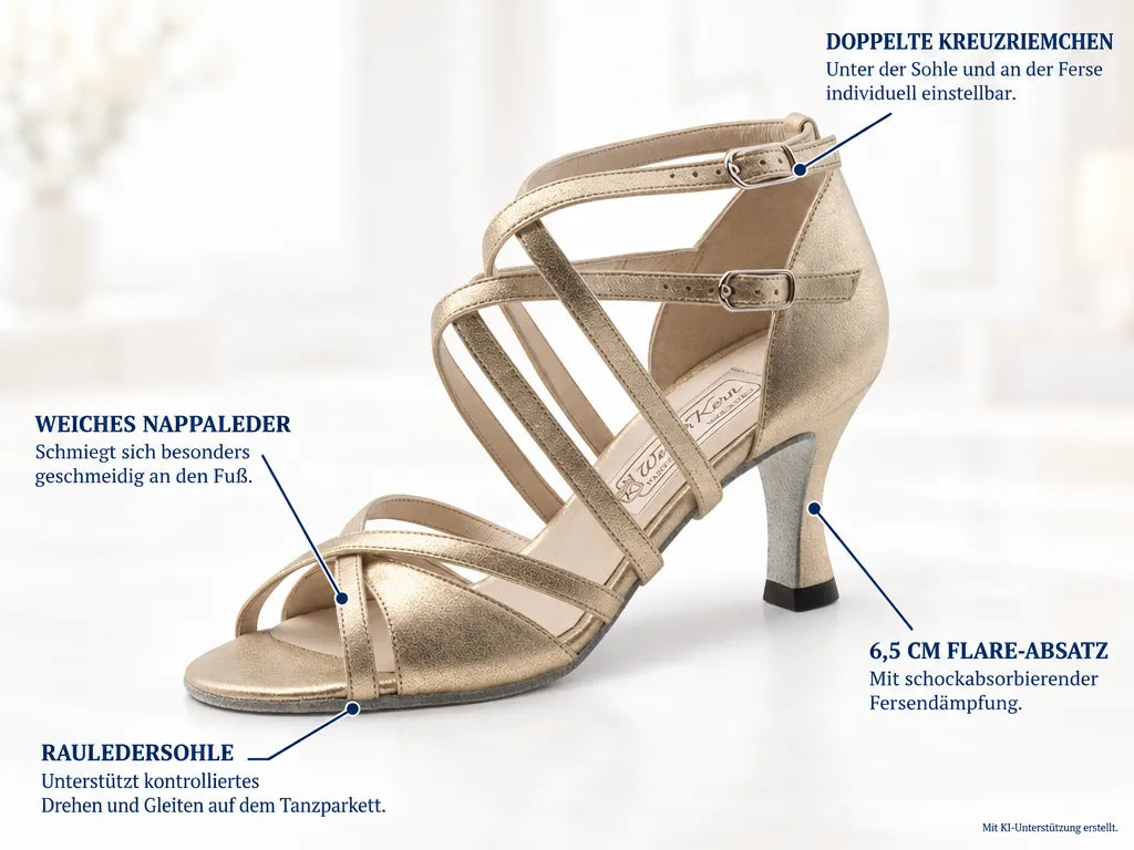 Werner Kern Damen Tanzschuhe Eva 6,5 – Produktinfografik, mit KI-Unterstützung erstellt.