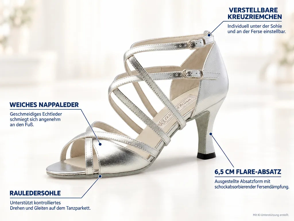 Werner Kern Damen Tanzschuhe Eva 6,5 Silber – Produktinfografik, mit KI-Unterstützung erstellt.
