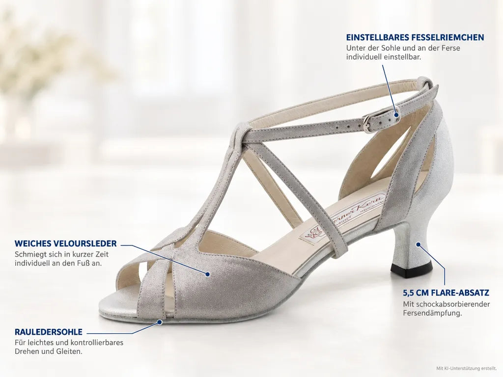 Werner Kern Damen Tanzschuhe Francis 5,5 Perl Silber – Produktinfografik, mit KI-Unterstützung erstellt.