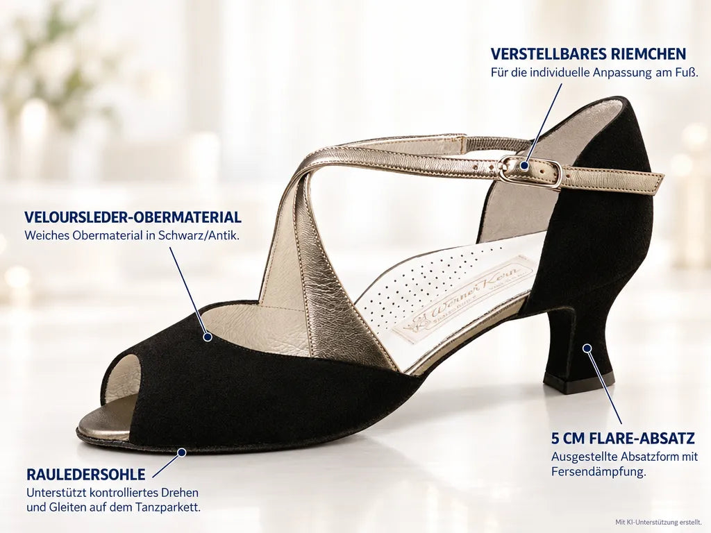 Werner Kern Damen Tanzschuhe Gaby – Produktinfografik, mit KI-Unterstützung erstellt.