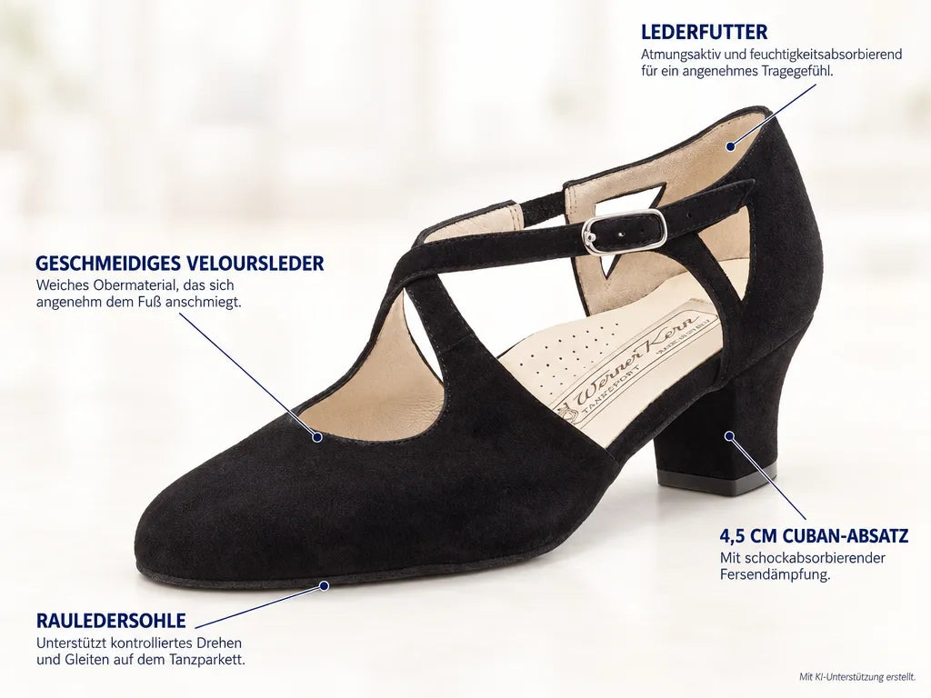 Werner Kern Damen Tanzschuhe Gala 4,5 – Produktinfografik, mit KI-Unterstützung erstellt.
