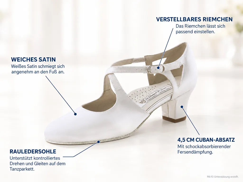 Werner Kern Damen Tanzschuhe Gala 4.5 Weiß – Produktinfografik, mit KI-Unterstützung erstellt.