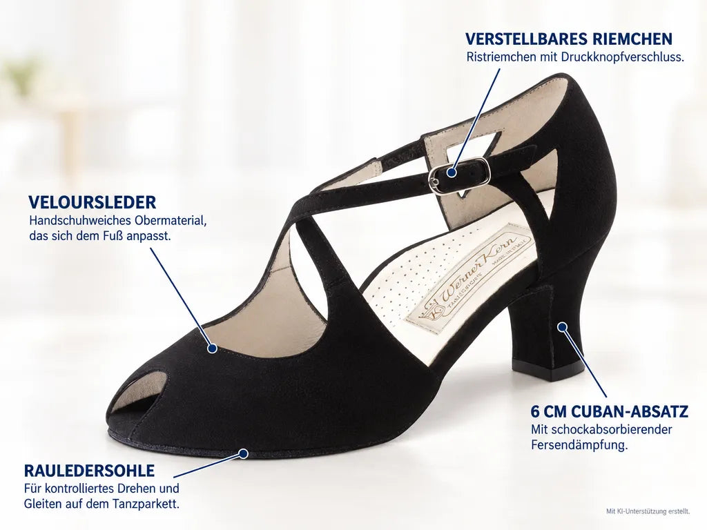 Werner Kern Damen Tanzschuhe Georgia – Produktinfografik, mit KI-Unterstützung erstellt.