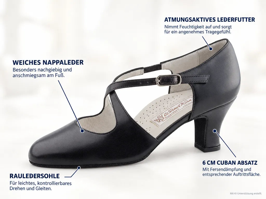 Werner Kern Damen Tanzschuhe Gilian – Produktinfografik, mit KI-Unterstützung erstellt.