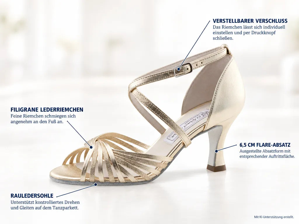 Werner Kern Damen Tanzschuhe Mary 6,5 Platin – Produktinfografik, mit KI-Unterstützung erstellt.