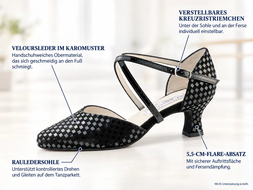 Werner Kern Damen Tanzschuhe Patty 5,5 – Produktinfografik, mit KI-Unterstützung erstellt.