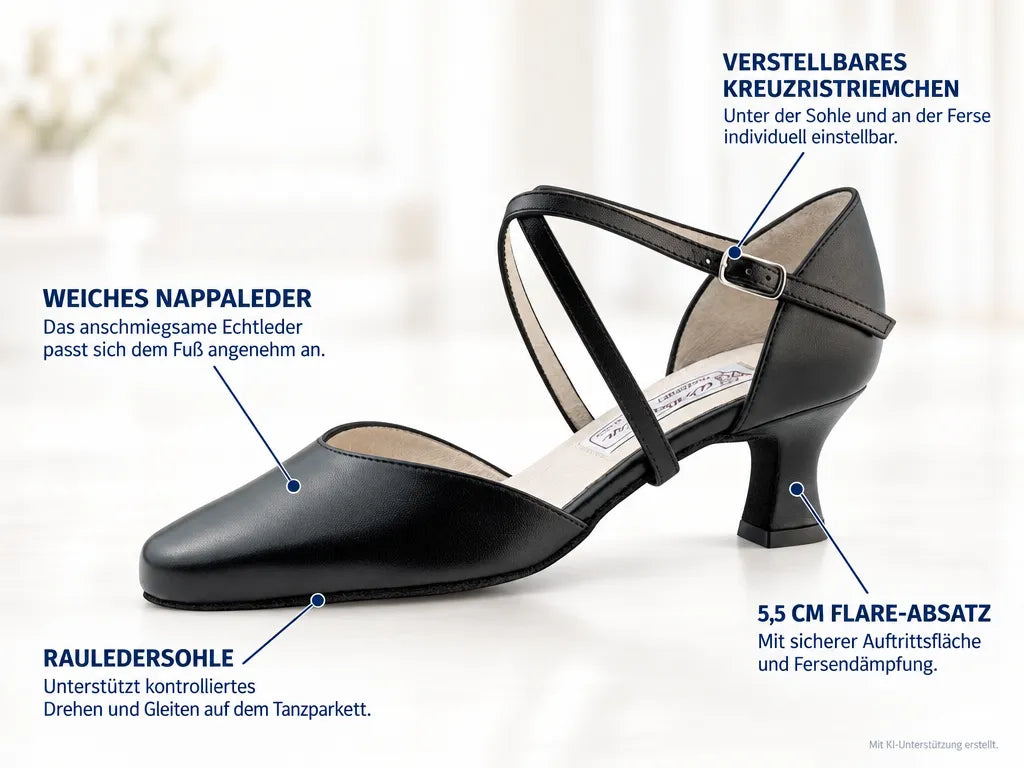 Werner Kern Damen Tanzschuhe Patty 5,5 – Produktinfografik, mit KI-Unterstützung erstellt.