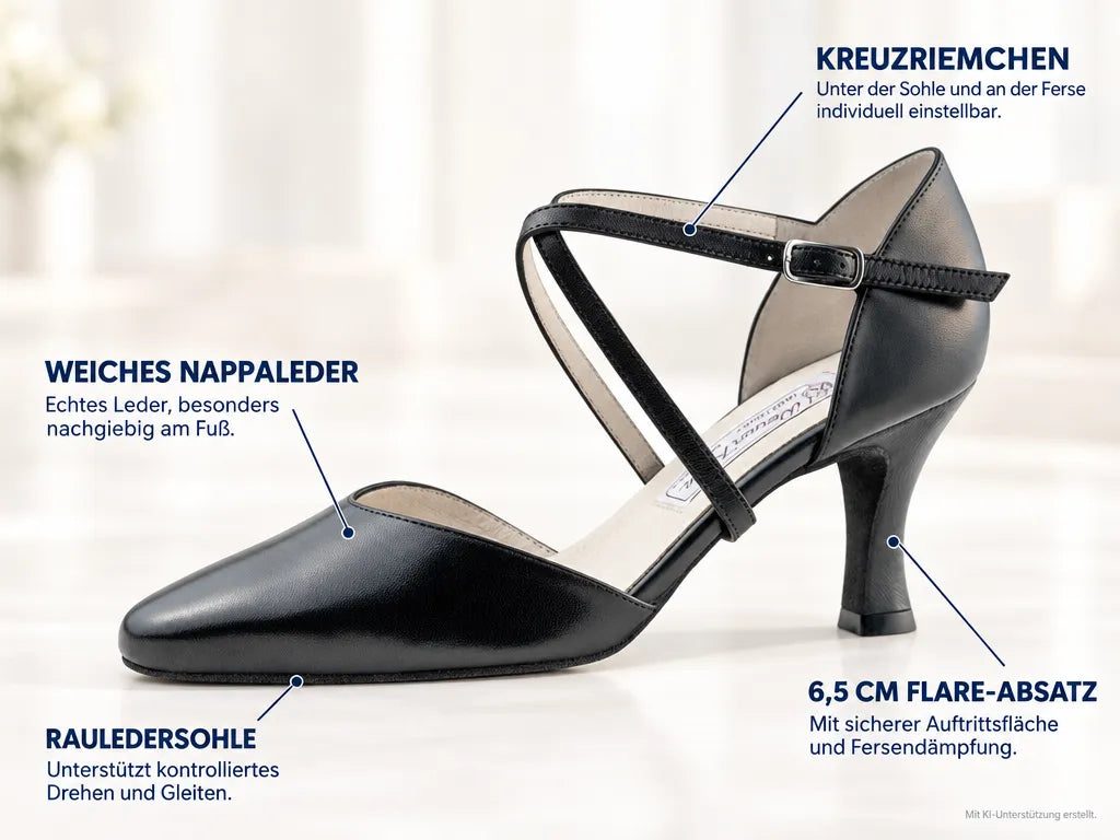 Werner Kern Damen Tanzschuhe Patty 6,5 – Produktinfografik, mit KI-Unterstützung erstellt.