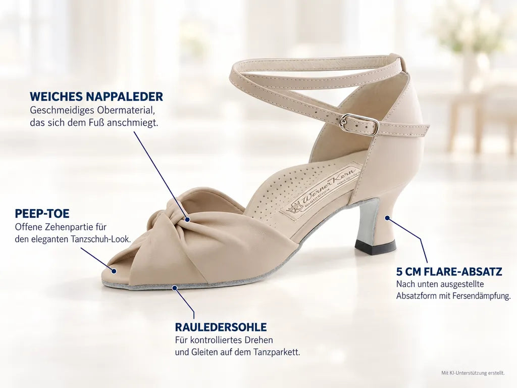 Werner Kern Damen Tanzschuhe Ruth 5 Beige – Produktinfografik, mit KI-Unterstützung erstellt.