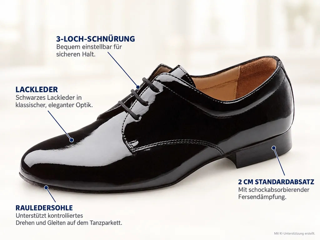 Werner Kern Herren Tanzschuhe Arezzo Lackleder – Produktinfografik, mit KI-Unterstützung erstellt.