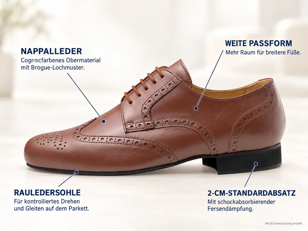 Werner Kern Herren Tanzschuhe Bormio Cognac – Produktinfografik, mit KI-Unterstützung erstellt.