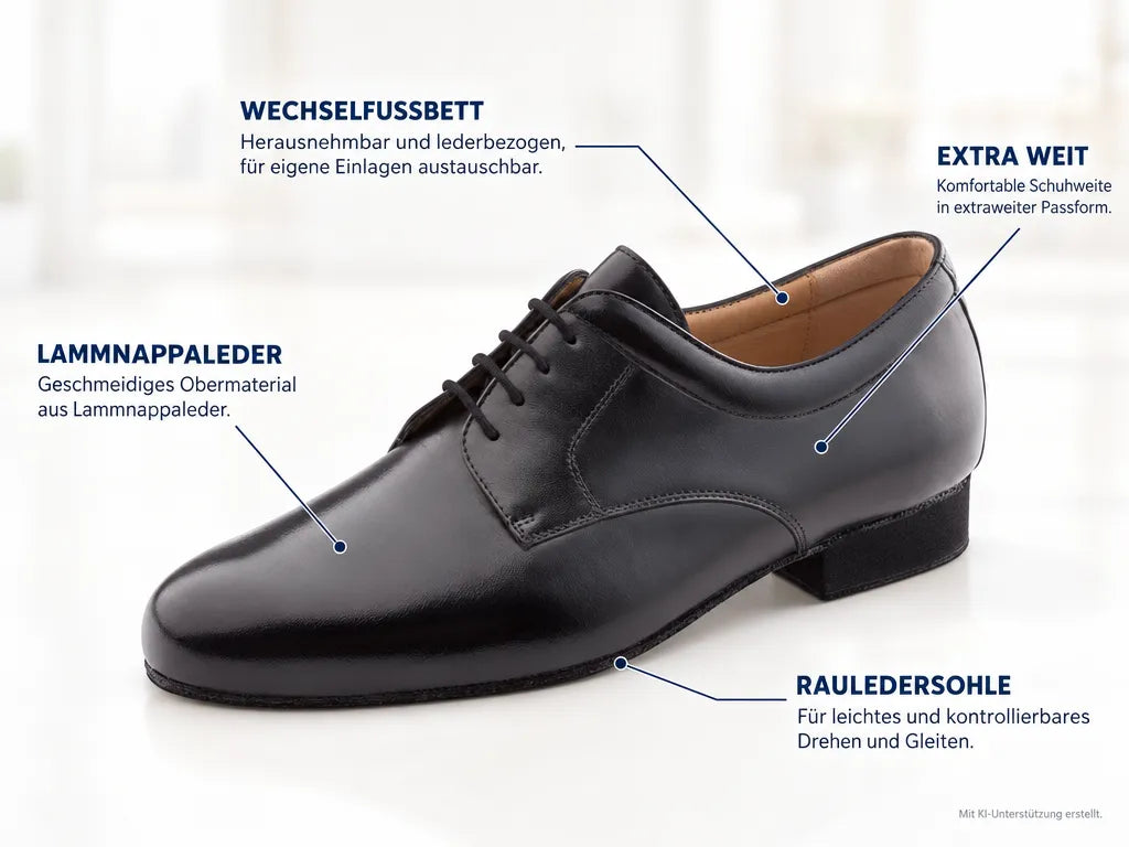 Werner Kern Herren Tanzschuhe Perugia – Produktinfografik, mit KI-Unterstützung erstellt.