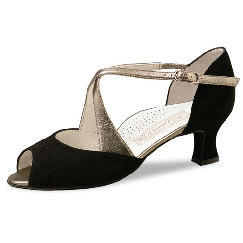 Werner Kern Damen Tanzschuhe Gaby - Veloursleder Schwarz/Leder Gold - 5 cm - Größe: UK 1