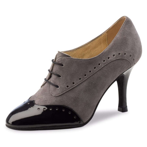 Nueva Epoca Damen Tanzschuhe Noelia - Veloursleder Grau/Lack Schwarz - 8 cm Stiletto  - Größe: UK 3