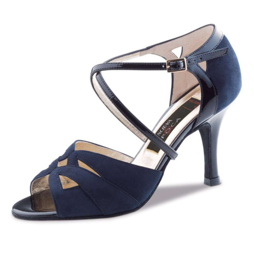 Nueva Epoca Damen Tanzschuhe Rosita - Veloursleder Blau/Lack Schwarz - 6 cm Stiletto  - Größe: UK 3,5