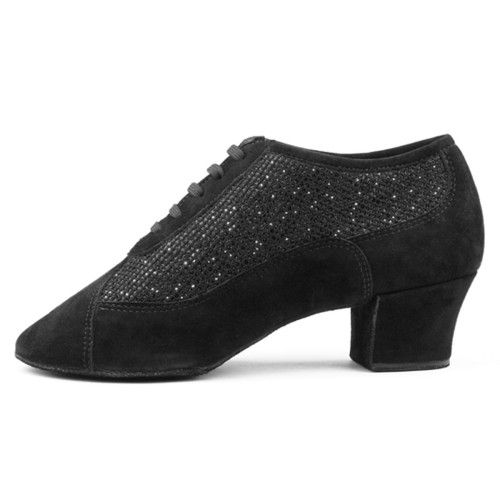 Portdance Dames Practice Schoenen PD701 - Nubuk/Glitter Zwart - 4 cm Cuban - Grootte: EUR 37