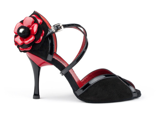 PortDance Mujeres Zapatos de Baile PD501 - Nubuck/Charol Negro/Rojo - 7,5 cm Slim [EUR 39]