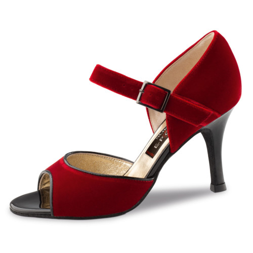 Nueva Epoca Damen Tanzschuhe Romy - Samt Rot/Lack Schwarz - 7 cm Stiletto  - Größe: UK 4