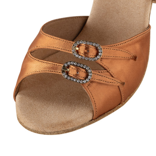 Rummos Ladies Latin Dance Shoes Elite Diana 048 with Rhinestones-Buckle - Material: Satin - Colour: Dark Tan - Width: Normal - Heel: 60R Flare - Size: EUR 38
