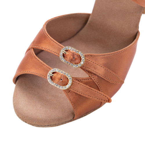 Rummos Ladies Latin Dance Shoes Elite Diana 048 with Rhinestones-Buckle - Material: Satin - Colour: Dark Tan - Width: Normal - Heel: 70R Flare - Size: EUR 38