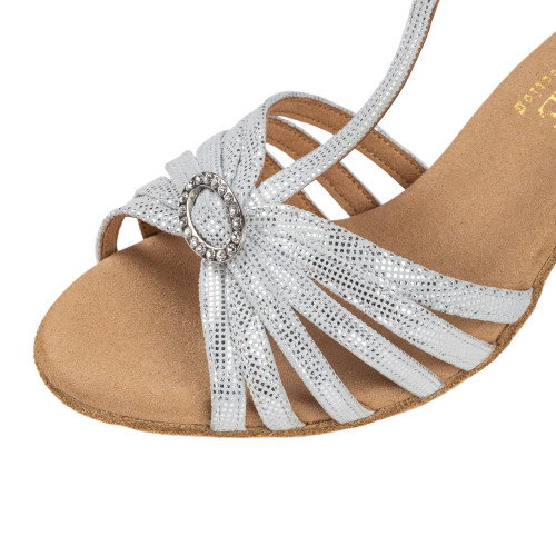 Rummos Ladies Latin Dance Shoes Elite Karina 069 with Rhinestones-Buckle - Material: Leather - Colour: Silver Diva - Width: Normal - Heel: 60R Flare - Size: EUR 38.5