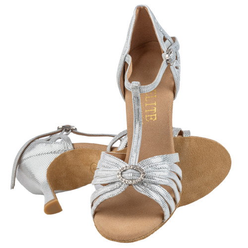 Rummos Ladies Latin Dance Shoes Elite Karina 069 with Rhinestones-Buckle - Material: Leather - Colour: Silver Diva - Width: Normal - Heel: 70R Flare - Size: EUR 38