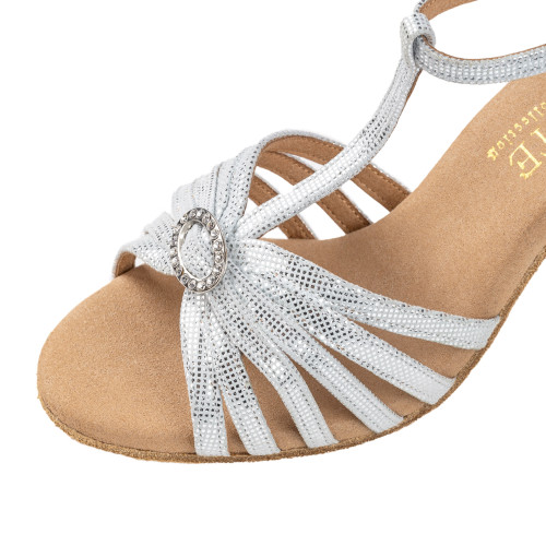 Rummos Ladies Latin Dance Shoes Elite Karina 069 with Rhinestones-Buckle - Material: Leather - Colour: Silver Diva - Width: Normal - Heel: 70R Flare - Size: EUR 40.5