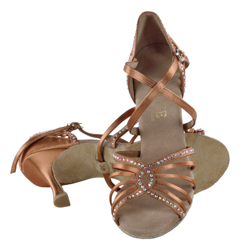 Rummos Ladies Latin Dance Shoes Elite Luna 048S with Rhinestones - Material: Satin - Colour: Dark Tan - Width: Normal - Heel: 70R Flare - Size: EUR 37