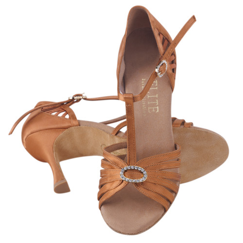 Rummos Ladies Latin Dance Shoes Elite Karina 048 with Rhinestones-Buckle - Material: Satin - Colour: Dark Tan - Width: Normal - Heel: 70R Flare - Size: EUR 38.5