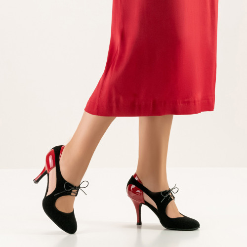 Nueva Epoca Damen Tanzschuhe Talia - Veloursleder Schwarz/Lack Rot - 8 cm Stiletto - Größe: UK 6,5