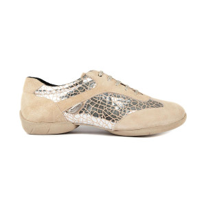 PortDance Damen Dance Sneakers PD08 - Leder Silber Craquele - 1,5 cm