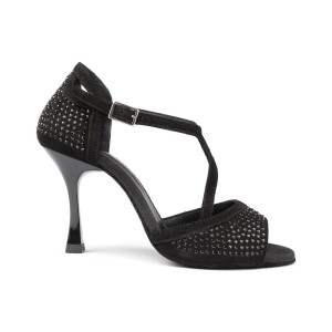 PortDance - Ladies Dance Shoes PD507 - Black Nubuck with Rhinestones - 7 cm