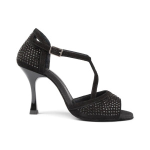 PortDance - Damen Tanzschuhe PD507 - Nubuck Schwarz mit Strass - 7 cm